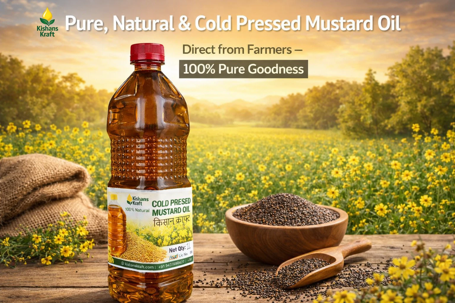 KishansKraft Pure Mustard Oil Bottles - 1L, 2L, and 5L sizes